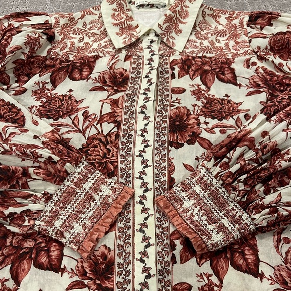 Alice + Olivia Triffie Drama Sleeve Blouse, Red/Rose Floral, Button Down, XS - Picture 14 of 16